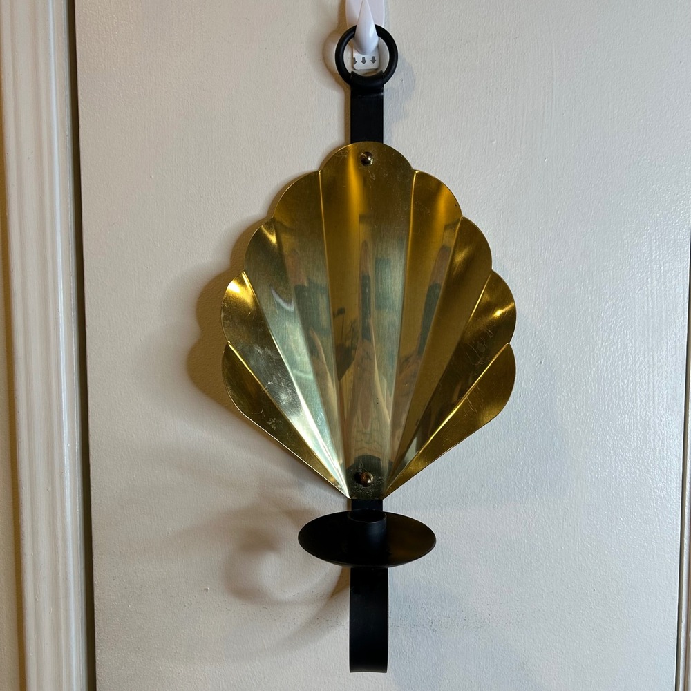 Vintage Brass Shell Wall Sconce Black Wrought Iron Taper Candle Holder Coastal
